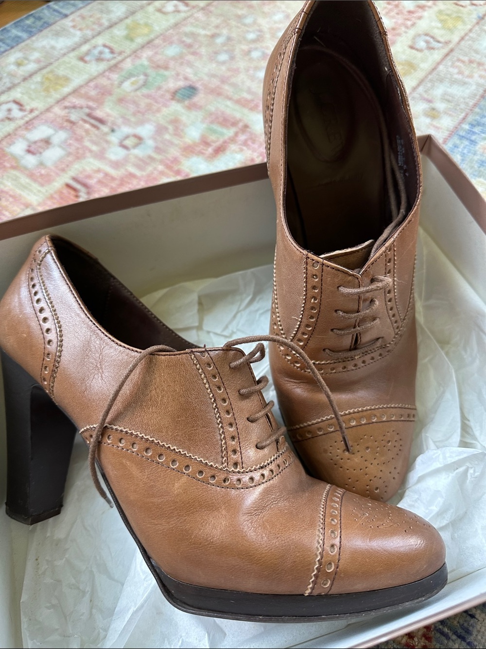 J. Crew Cognac Brown Leather Brogue Lace-Up Heels